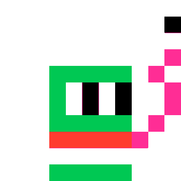 A pixel art figure with a green face, red and black body, and pink edges on a white background.