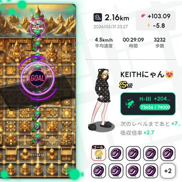 The image features a cell phone screen displaying a game with a cartoon character, likely from Japan, wearing a black and white outfit. The game appears to be a fitness or sports game that tracks progress through various stages. A scorecard can also be seen on the screen, indicating the player's performance in the game.