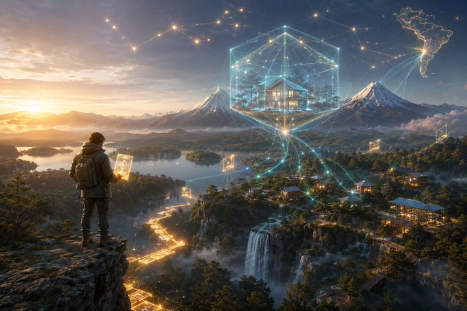 A fantasy digital artwork showing a person on a cliff looking at a glowing holographic house over a tropical landscape with mountains, waterfalls, and a starry sky.