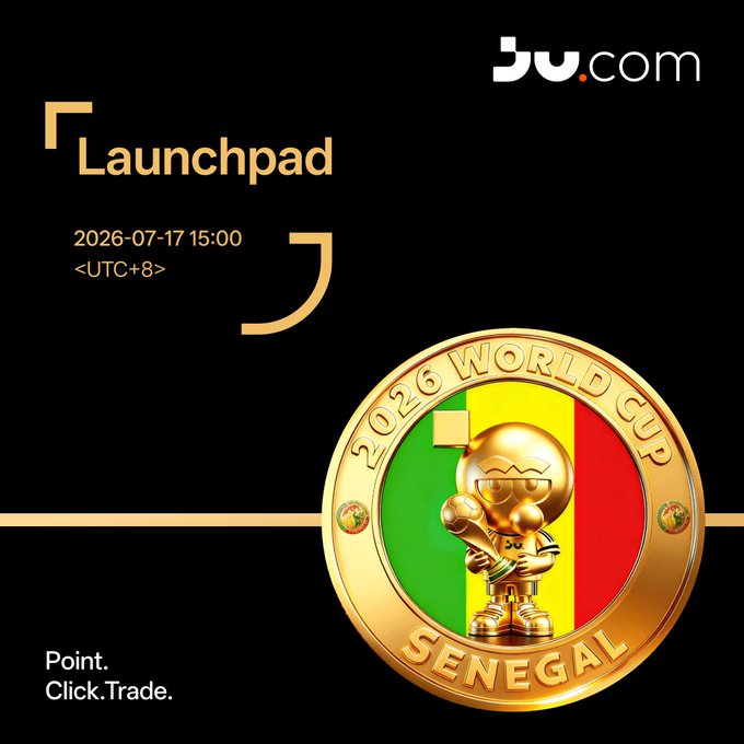 A promotional graphic for BU.com featuring a 'Launchpad' event dated 2026-07-17 15:00 (UTC+8), showcasing a 2026 World Cup Senegal coin with a gold mascot character and the tagline 'Point. Click. Trade.'