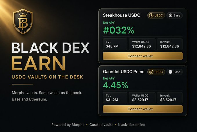 A dark-themed advertisement for "BLACK DEX EARN USDC VAULTS ON THE DESK," displaying yield rates including "Steakhouse USDC" at "#032%" and "Gauntlet USDC Prime" at "4.45%" on the Base network.