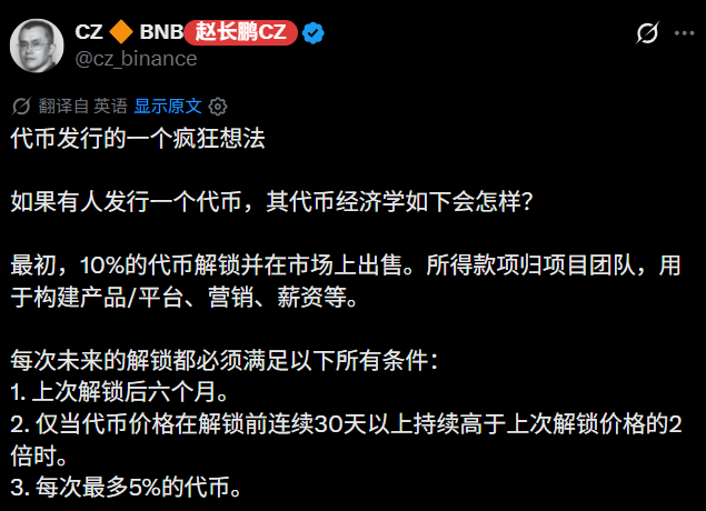 Screenshot of a tweet by CZ (@cz_binance) in Chinese discussing a wild idea about token issuance, proposing a model where 10% of the token supply unlocks initially and future unlocks depend on price performance and time intervals.