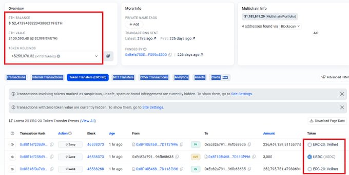 The image presents a webpage with a lot of text, which includes details about transactions between two different wallet services and a discussion regarding privacy settings for these wallets. The main point of focus seems to be on the relationship between the @base service (which has been identified as a privacy setting) and @Veilnet service. It appears that no large whale transactions have taken place at this time, only one transaction worth $VEILNET MCP can be seen in the image. However, there is more information about market cap and the wallets being used on other pages of the webpage.