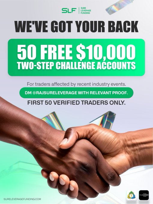 An advertisement from Sure Leverage Funding offering 50 free $10,000 Two-Step Challenge Accounts to traders affected by recent industry events, featuring a handshake graphic and the heading "WE'VE GOT YOUR BACK," with instructions to DM @Rajsureleverage with proof for first-come verification.
