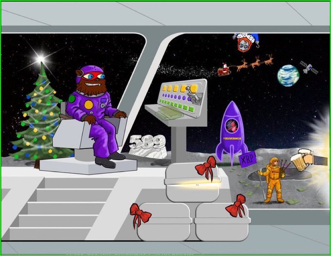 A cartoon holiday scene shows a “FRESHFRACK” rocket, Santa flying through space, a Christmas tree, astronauts, and gift-wrapped boxes. The XRP rocket and green-lit lunar surface reinforce the post’s prediction that XRP is about to start “three greens, three digits.”