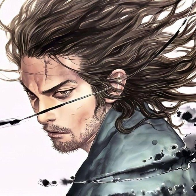 An anime-style illustration of a long-haired warrior with a scar across his face, wielding a blade, with ink-splatter effects in the background.