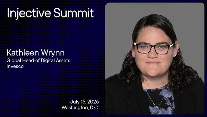 The image features a woman wearing glasses and a black blazer with her name displayed on a blue card, which appears to be part of an event or conference. The text on the card reads "Invesco'S Global Head of Digital Assets is speaking at the Injective Summit." This suggests that Kathleen Wrynn, who led J.P. Morgan's global technology strategy, will be sharing her insights and expertise during the summit.