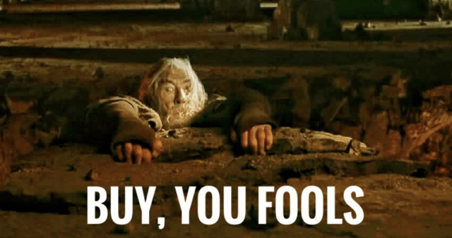 The image features a banner with text that reads "buy, you fools". Below the banner, there's an image of a person holding onto a log or rock formation. The caption above the image says "Bitcoin is on sale again!". This suggests that Bitcoin might be available for purchase at this time.