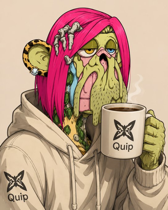 An illustrated cartoon character with green melting skin, pink hair, and a bone hair clip, wearing a hoodie and holding a steaming mug branded with the 'Quip' logo.