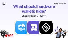 AMA session announcement titled 'What should hardware wallets hide?' scheduled for August 13 at 2 PM UTC, displaying logos for Coinbase Wallet, Edge, and possibly SafePal with a 'REC' indicator.