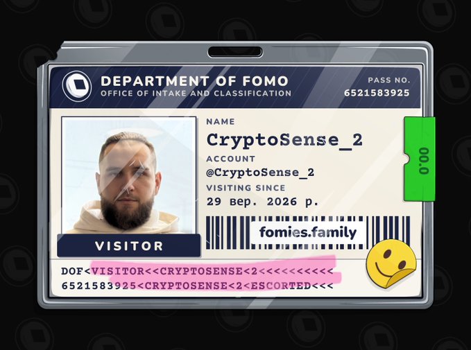 An ID badge titled 'DEPARTMENT OF FOMO' with the name 'CryptoSense_2', dated 29 Sep 2026, featuring a photo of a bearded man.