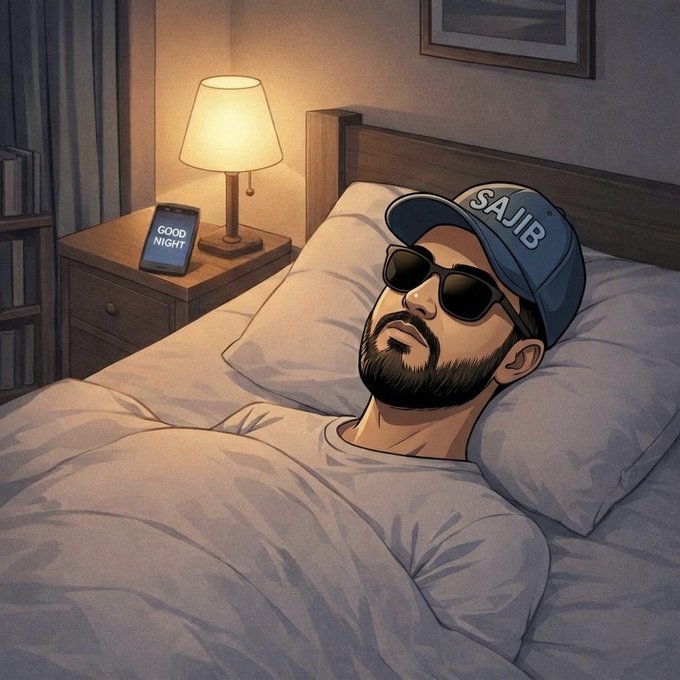 A bearded man wearing sunglasses and a "SAJIB" cap lies in bed with his phone displaying "GOOD NIGHT" on the nightstand, mirroring the post's "Good Night CT" farewell while symbolizing the relaxed, end-of-day vibe after engaging with Canopy Network's educational testnet quests.