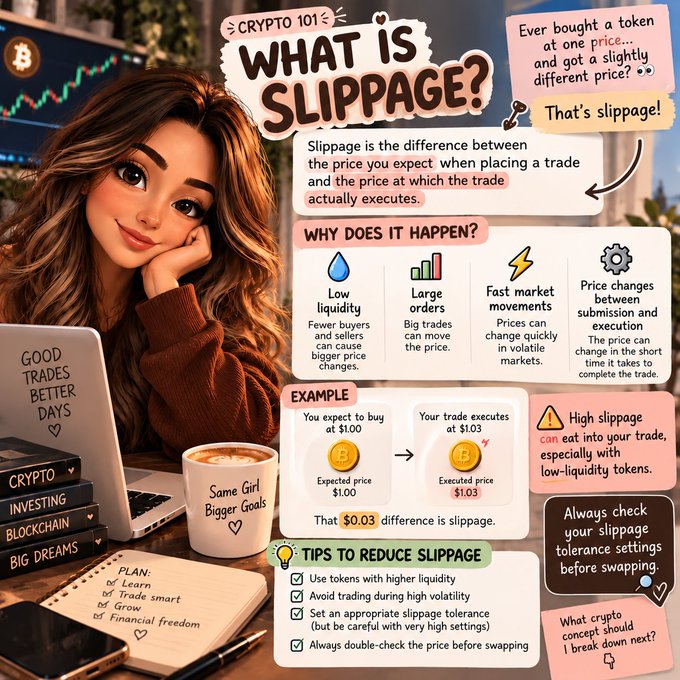 An educational infographic titled 'CRYPTO 101: WHAT IS SLIPPAGE?' explaining the concept with examples, tips to reduce slippage, and featuring a cartoon-style woman resting her head on her hand next to crypto-themed books.