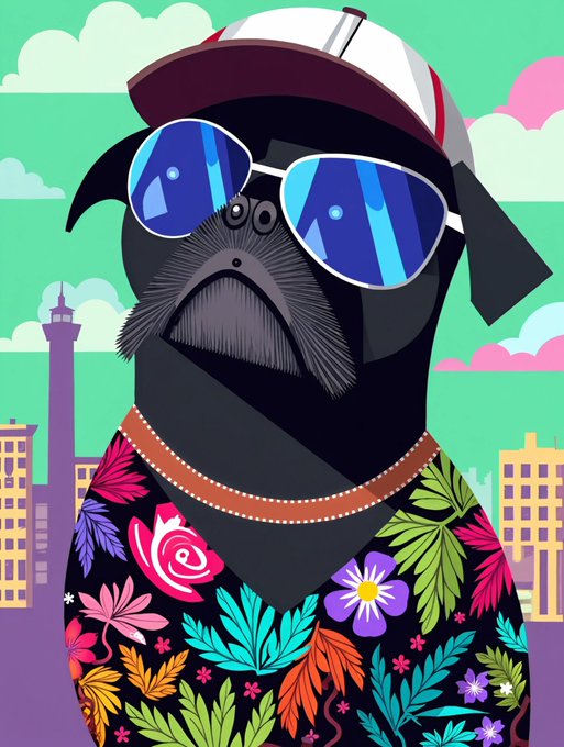 A stylish black pug named Pablo wears mirrored aviator sunglasses and a red-and-white cap, dressed in a vibrant floral Hawaiian shirt against a summery cityscape backdrop. The image illustrates the post's "cool summer vibes" message, promoting Pablo the Pug #26 as a 1/1 NFT available for 2 tezitos.