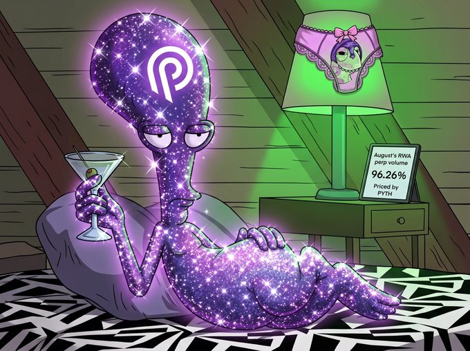 An animated character with a galaxy-styled body and the PYTH logo on its head holds a martini glass next to a lamp displaying a sign that reads 'August's RWA perp volume 96.26% Priced by PYTH'.