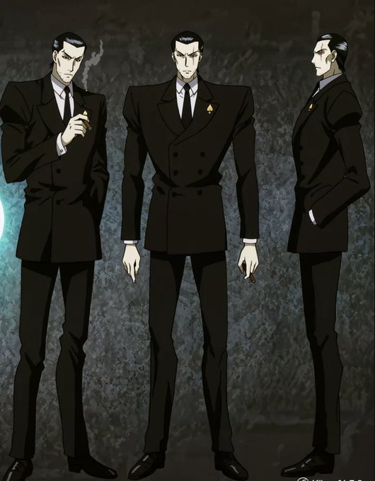 An anime character design sheet showing a man in a dark double-breasted suit and tie from three different angles (front, side, and three-quarter view).