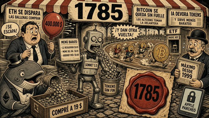 A vintage-style illustration with Spanish text about Ethereum (ETH) and Bitcoin, featuring characters including a robot labeled 'SONNET 5.3', the number 1785, and headlines like 'ETH SE DISPARA', 'BITCOIN SE QUEDA SIN FUELLE', and 'MAXIMO DESDE 1999'.