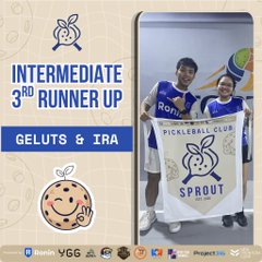 A promotional graphic for an 'INTERMEDIATE 3RD RUNNER UP' pickleball award from 'Pickleball Club Sprout' for the team 'GELUTS & IRA', featuring a photo of two players holding a club banner.