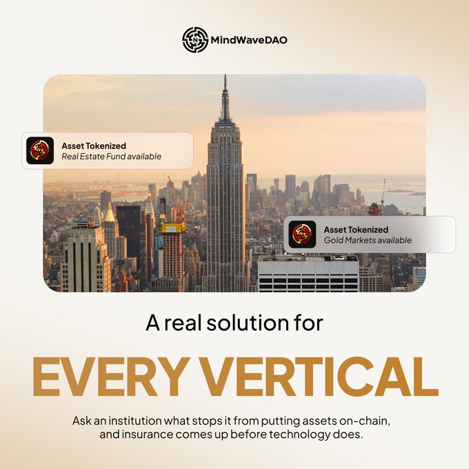 A MindWaveDAO advertisement featuring a city skyline (likely New York) with overlay text announcing 'Asset Tokenized Real Estate Fund' and 'Gold Markets available', and the headline 'A real solution for EVERY VERTICAL'.