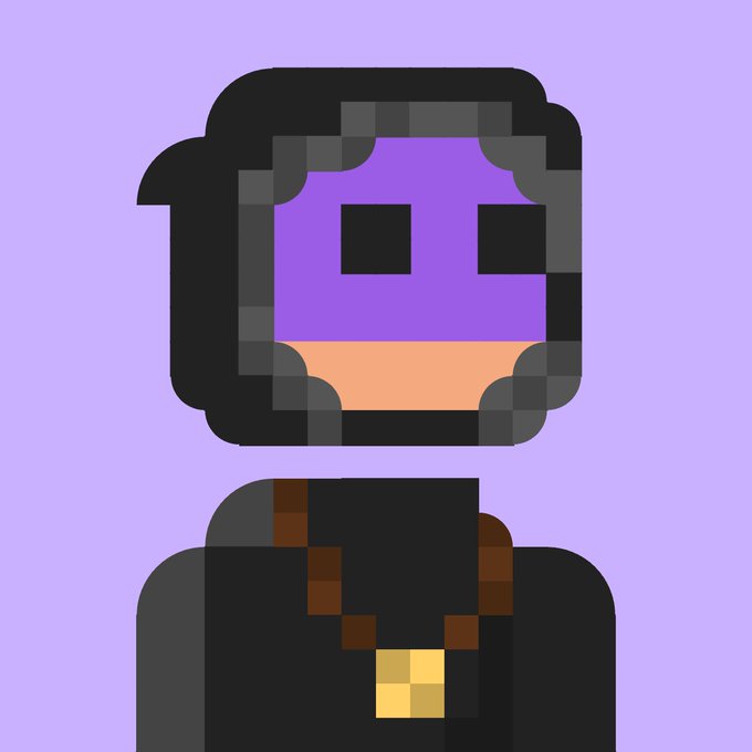 A pixel-art avatar of a person with a purple face/mask, black hair, and a gold chain necklace against a light purple background.
