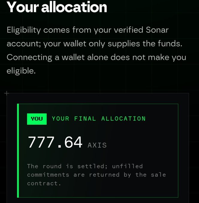 A dark interface showing 'Your allocation' with eligibility information about a verified Sonar account, displaying 'YOUR FINAL ALLOCATION: 777.64 AXIS' in a green-bordered box.