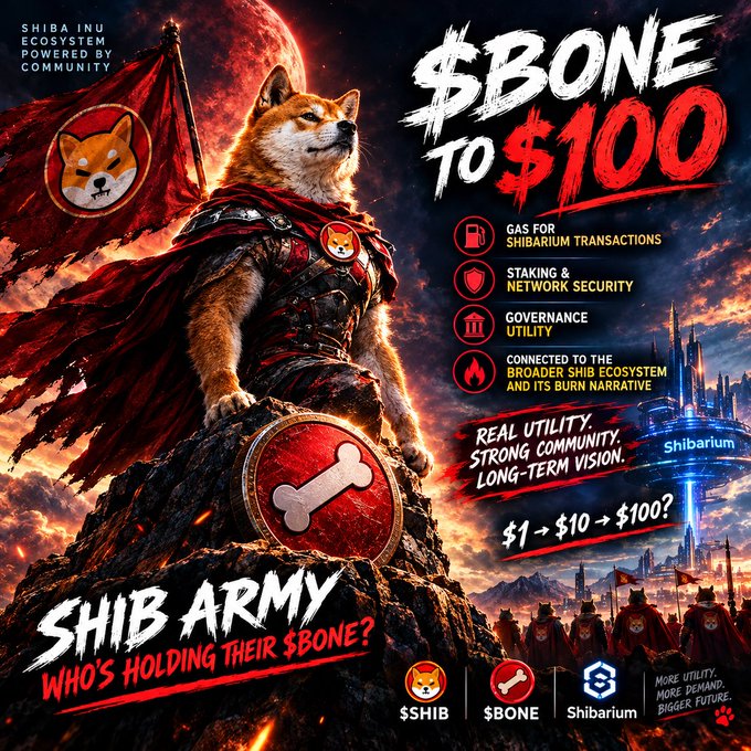 Promotional poster for the Shiba Inu ecosystem featuring a samurai-themed Shiba Inu dog on a rocky outcrop with a bone token, displaying text '$BONE TO $100' and 'SHIB ARMY WHO'S HOLDING THEIR $BONE?', along with uses like gas for Shibarium transactions, staking, and governance utility.