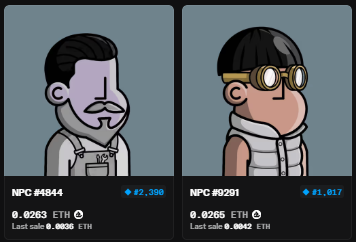 The image shows two cartoon characters, a man with a beard wearing glasses and a woman with a ponytail, both dressed in white clothing. The post is titled "the beaks: 0.03 → 0.23 → 0.064ETH npc: 0.001 → 0.026ETH (26x) what happened?". This means that the image was taken at a price of 0.03 and has been posted for sale, with the characters being sold for 0.05 each.