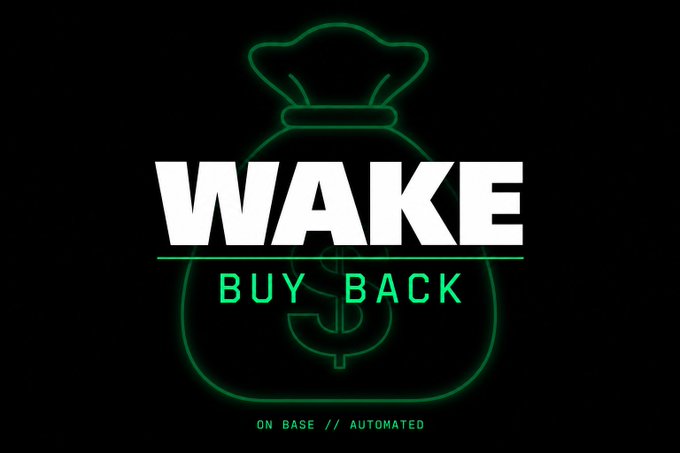 The image shows a black background with white text that reads "WAKE Buy Back" written in green neon letters. The text is positioned above an image of a green bag, which has a dollar sign printed on it. This combination of text and image suggests that the image might be related to a post about investing or trading in cryptocurrency, as indicated by the caption provided.