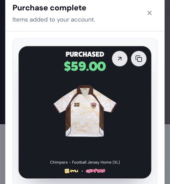 A 'Purchase complete' confirmation screen showing a successful $59.00 purchase of a 'Chimpers - Football Jersey Home (XL)' NFT featuring a patterned jersey with the number 22.