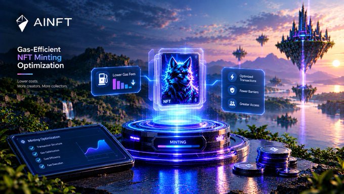 A promotional graphic for 'AINFT' featuring 'Gas-Efficient NFT Minting Optimization' with an animated wolf NFT on a pedestal in a fantasy landscape.