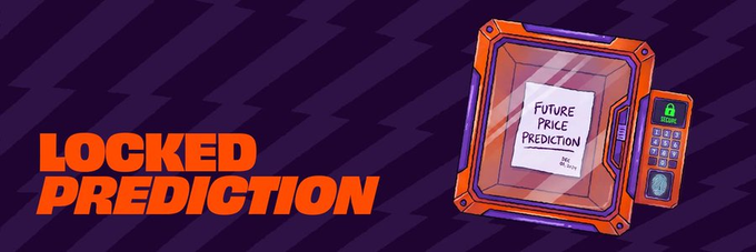A vibrant orange and purple banner with bold text 'LOCKED PREDICTION' next to an illustration of a high-tech device displaying a paper labeled 'FUTURE PRICE PREDICTION' with a fingerprint scanner.