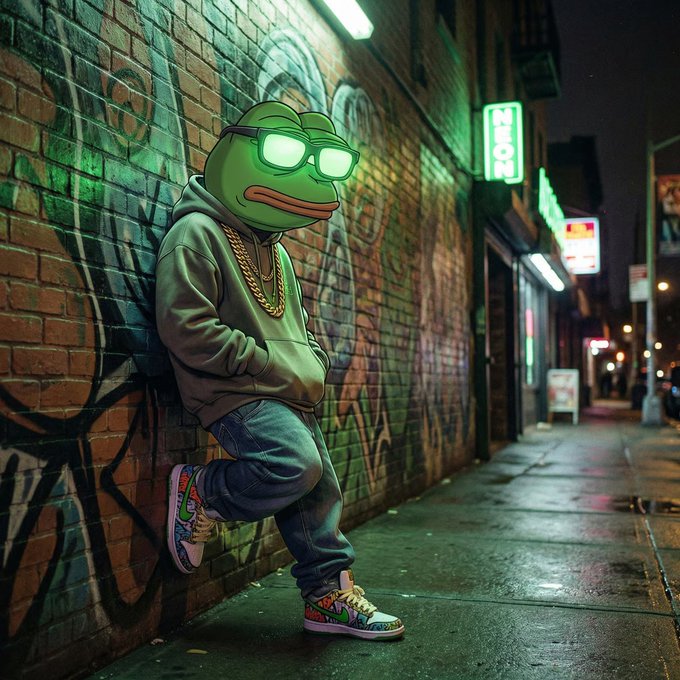 A cartoon frog in sunglasses, a hoodie, gold chain, and colorful sneakers leans against a graffiti-covered brick wall on a city sidewalk at night, with a glowing green "OPEN" sign visible in the background, channeling a cool, confident "big week" vibe.