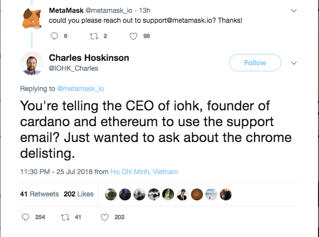 The image features a Twitter post where several people are engaged with the content. The primary focus of this post seems to be about the CEO of IOHK and their founder, discussing the importance of supporting the cryptocurrency community by using the support email. Other threads related to crypto news and interactions can also be seen within the conversation. This information could potentially benefit those interested in cryptocurrency or blockchain technology as they might find valuable insights from these discussions.
