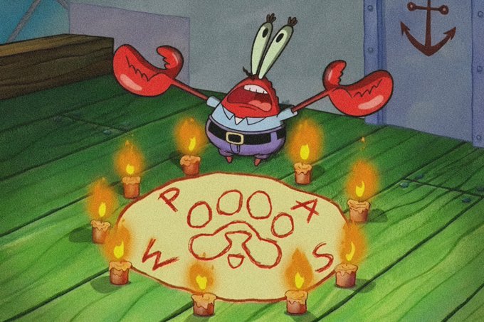 A screenshot from SpongeBob SquarePants showing Mr. Krabs in a Krusty Krab office, screaming over a candle-lit circle containing the words "P O O O O" with a cloud design, possibly a summoning ritual.