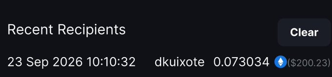 A 'Recent Recipients' transaction record dated 23 Sep 2026 shows a 0.073034 ETH (~$200.23) payment to 'dkuixote'.