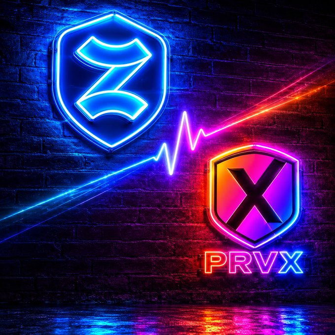 A neon-lit brick wall displays two glowing shield emblems—one blue with a "Z" symbol (ZKX) and one purple-pink with an "X" (PRVX)—connected by a jagged pulse line, visually representing the synergy between ZKX and PRVX on PulseChain as highlighted in the post "A match made in heaven. Builders will always win."