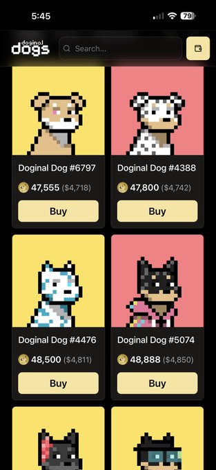 A mobile screenshot of the doginal dogs marketplace displaying pixel art dog NFTs (Doginal Dog #6797, #4388, #4476, #5074) with prices in Bitcoin and USD alongside Buy buttons.