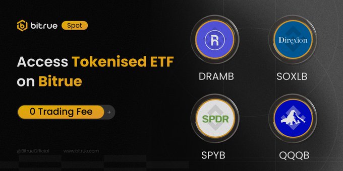 A Bitrue Spot promotional graphic advertising tokenised ETF access with "0 Trading Fee," featuring four token icons: DRAMB (purple "R"), SOXLB (Direxion), SPYB (SPDR), and QQQB (blue logo), alongside the headline "Access Tokenised ETF on Bitrue."

The image directly illustrates the post by showcasing the four tokenised ETFs available on Bitrue Spot—though notably includes $SOXLB instead of $DRAMB in the $DRAMB description context, visualizing the variety of U.S. market exposure options mentioned.