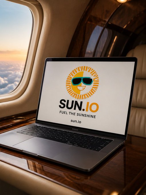 A laptop sits on a wooden tray table inside a private jet, displaying the 'SUN.IO' logo with a smiling sun wearing sunglasses and the tagline 'FUEL THE SUNSHINE' along with the URL 'sun.io'.