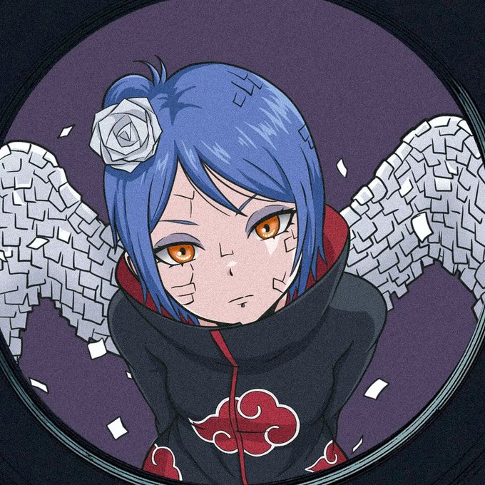 An anime-style illustration of Konan from Naruto, depicted with paper-textured features, blue hair adorned with a white rose, orange eyes, and a black Akatsuki cloak with red clouds, framed within a circular border against a purple background. The artwork showcases the "Konan Angel" piece by artist @momoyumemi, which was sold for $1085.