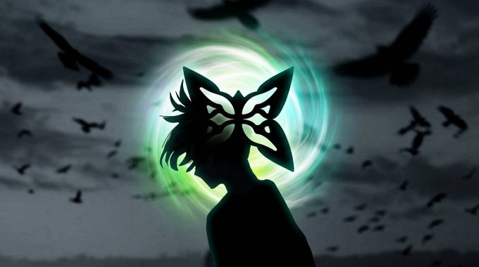 A silhouette of a horned character with a glowing green butterfly mask stands before a swirling green aura with crows flying in a dark sky.