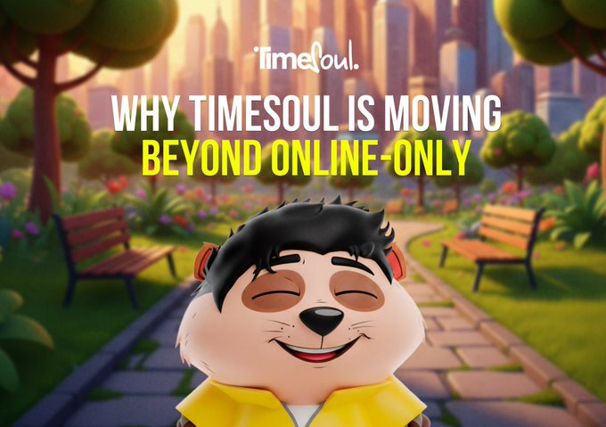 A cheerful cartoon meerkat with closed, smiling eyes stands in a vibrant park setting with benches, flowers, trees, and a city skyline in the background. The Timesoul logo appears at the top with the headline "WHY TIMESOUL IS MOVING BEYOND ONLINE-ONLY" displayed in white and yellow text. The image visually represents the post's mention of the "worried meerkats collection" and Timesoul's expansion into real-life mindfulness and wellness experiences.