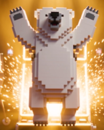 A voxel-style polar bear stands on its hind legs with arms raised triumphantly against a glowing golden background with sparkling effects.
