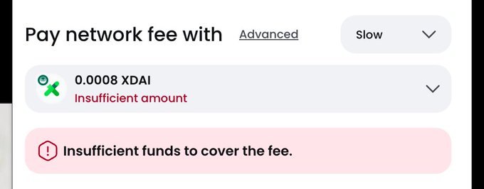 A transaction screen showing a network fee of 0.0008 XDAI with an 'Insufficient amount' error and an 'Insufficient funds to cover the fee' warning.