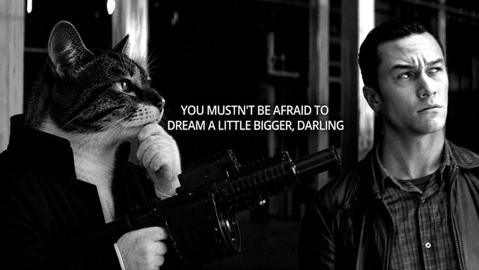 A black-and-white meme featuring a cat holding a rifle next to a man (resembling actor Kevin Hart), with the text 'YOU MUSTN'T BE AFRAID TO DREAM A LITTLE BIGGER, DARLING'.