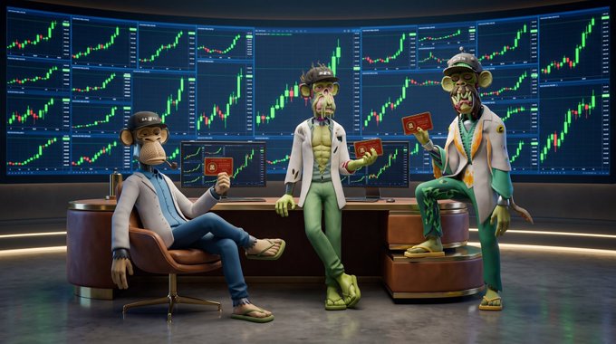 A digital illustration of three anthropomorphic characters in a high-tech trading room displaying stock charts, with the two on the right holding red playing cards.