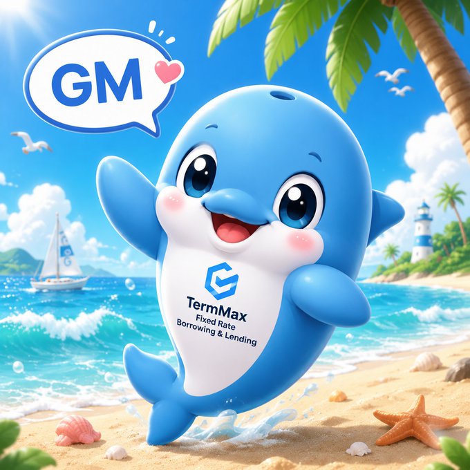 A cartoon blue dolphin character standing on a beach with a 'GM' speech bubble, displaying 'TermMax Fixed Rate Borrowing & Lending' branding.