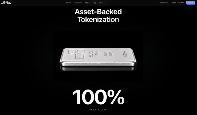 A webpage for 'Asset-Backed Tokenization' featuring a silver bar and text reading '100%' and '.999 FINE SILVER 100oz' beneath it.
