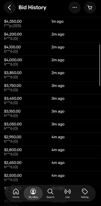 A screenshot of an eBay bid history showing multiple bids ranging from $2,500 to $4,350 placed within the last 1-4 minutes.