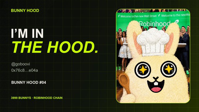 A graphic for a 'BUNNY HOOD' NFT on the Robinhood Chain, featuring a fluffy bunny wearing a hat and the text 'I'M IN THE HOOD.'